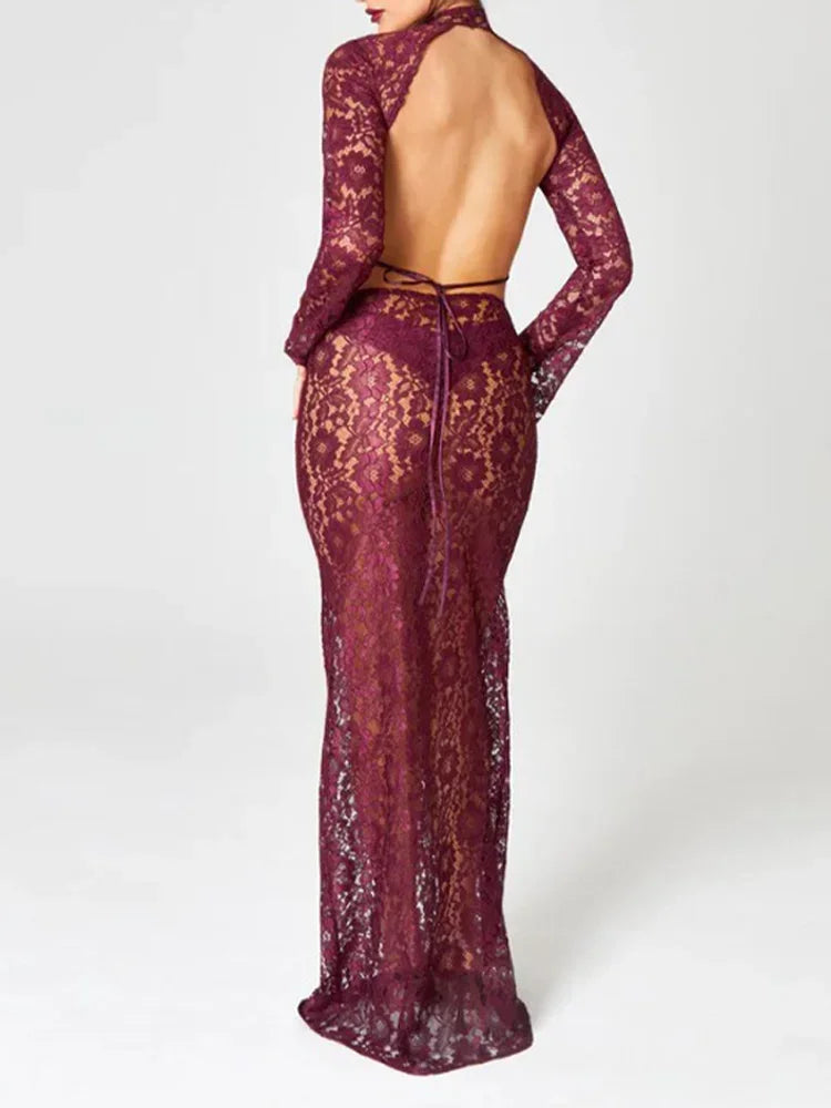 Backless Lace See Through Maxi Dress