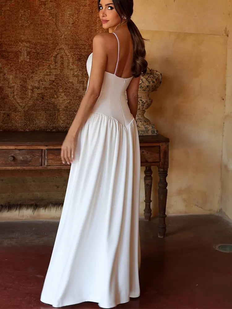 Elegant White Patchwork Suspendder Dress Vestidos