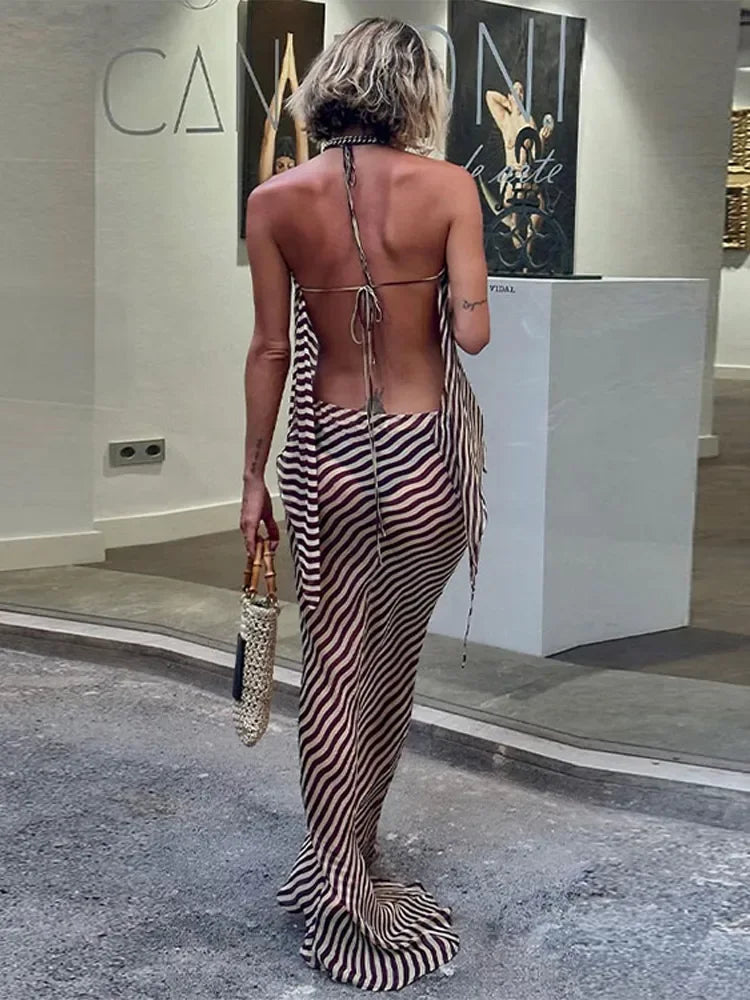 Elegant Lace Up Backless Top Long Skirt Set