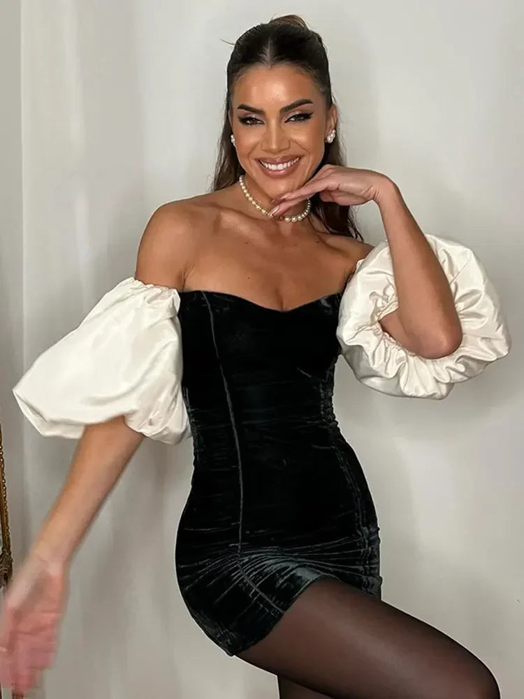 Velvet Puffy Sleeve Spliced Mini Dress