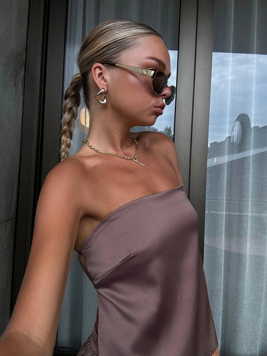 2Piece Outfits Bandage Lace-up Backless Bandeau Tops+ Wide Leg Pants Set