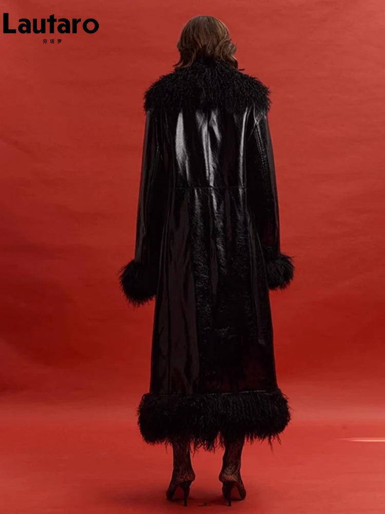 Spring Autumn Long Black Shiny Patent Pu Leather Coat