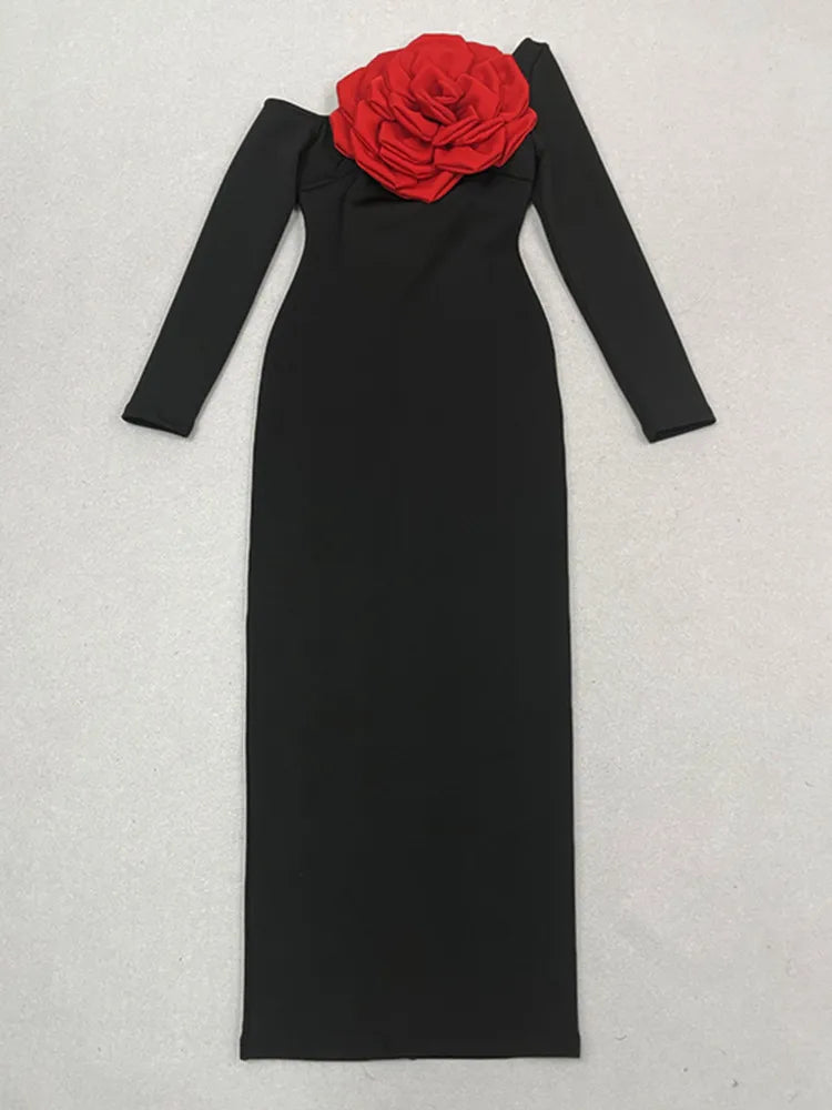 3D Flower Long Sleeve Black Long Bodycon Bandage Dress Elegant Celebrity Evening Club Party Dress