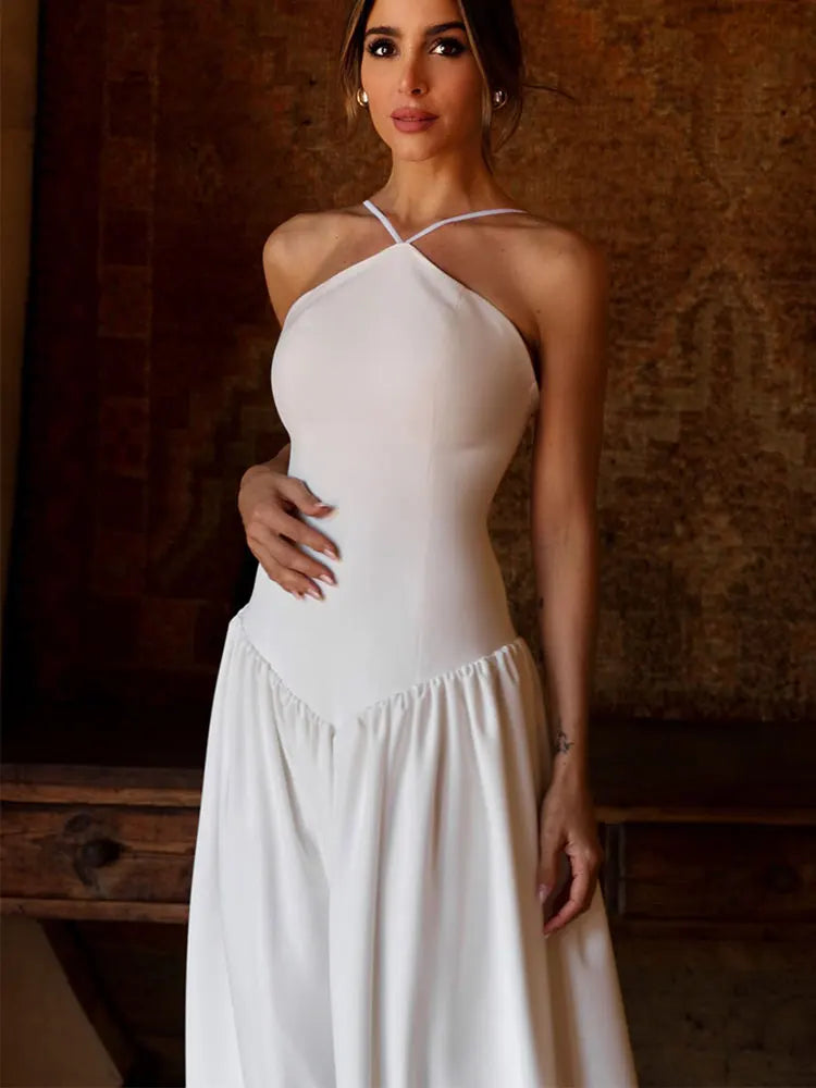 Elegant White Patchwork Suspendder Dress Vestidos