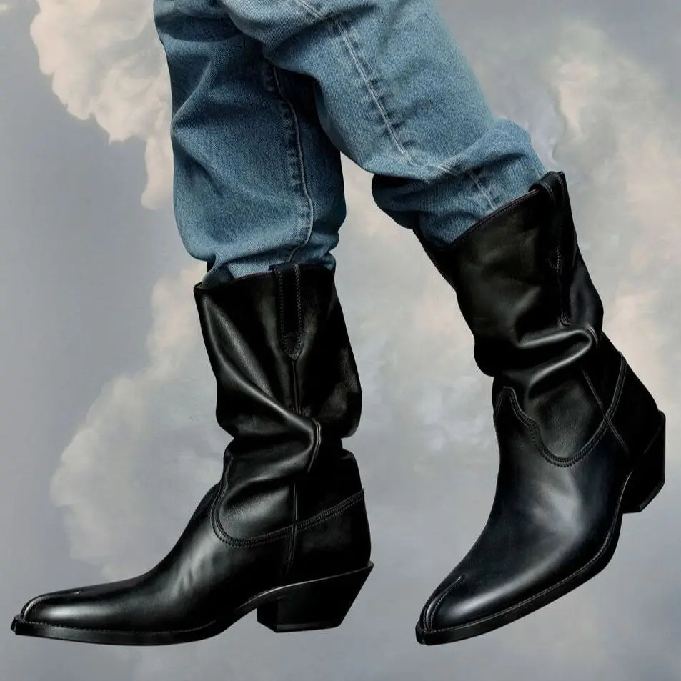 Boots Split Toe Shoes Black Ankle Cowboy Boots Chunky Heel Slip-on Leather Boots