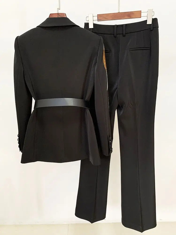 Suit Pants Set Two Piece Office Ladies Printed Business Diamond Belt Single Button Horn Pants Suit+Pants Formal Set
