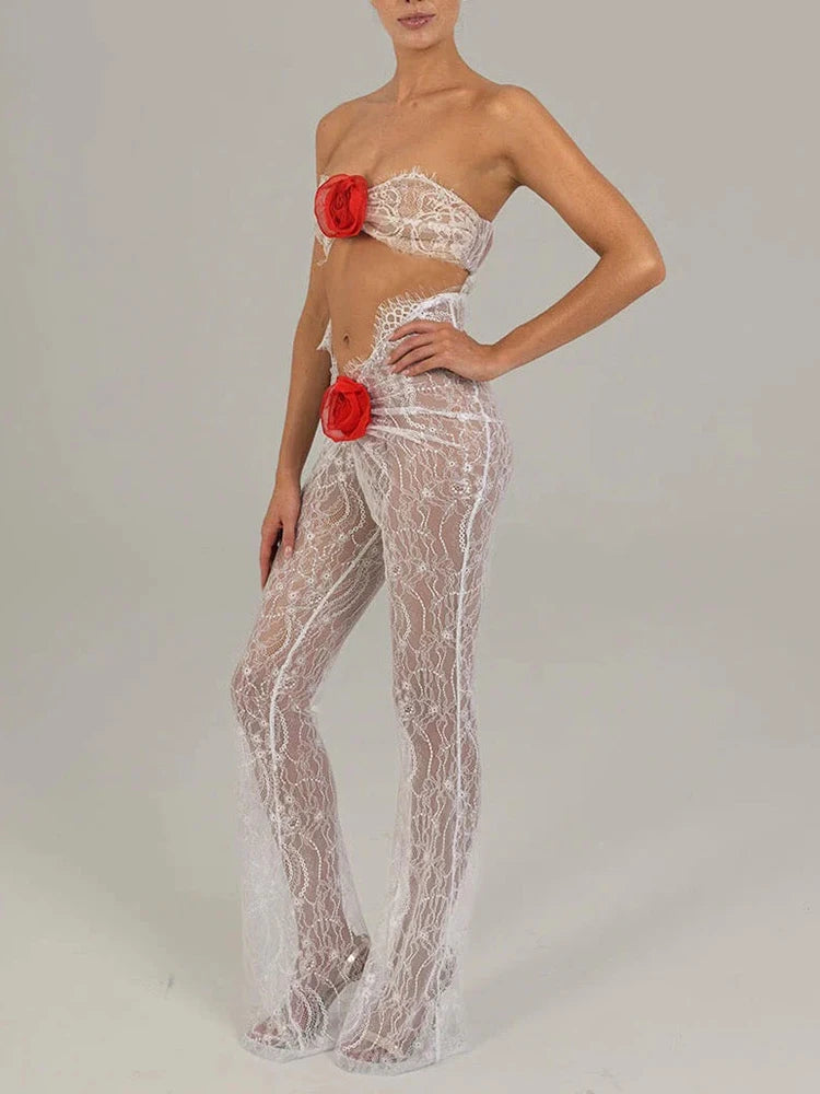 Sleeveless Off The Shoulder Rompers Navel Exposed Shirring Applique Jumpsuits