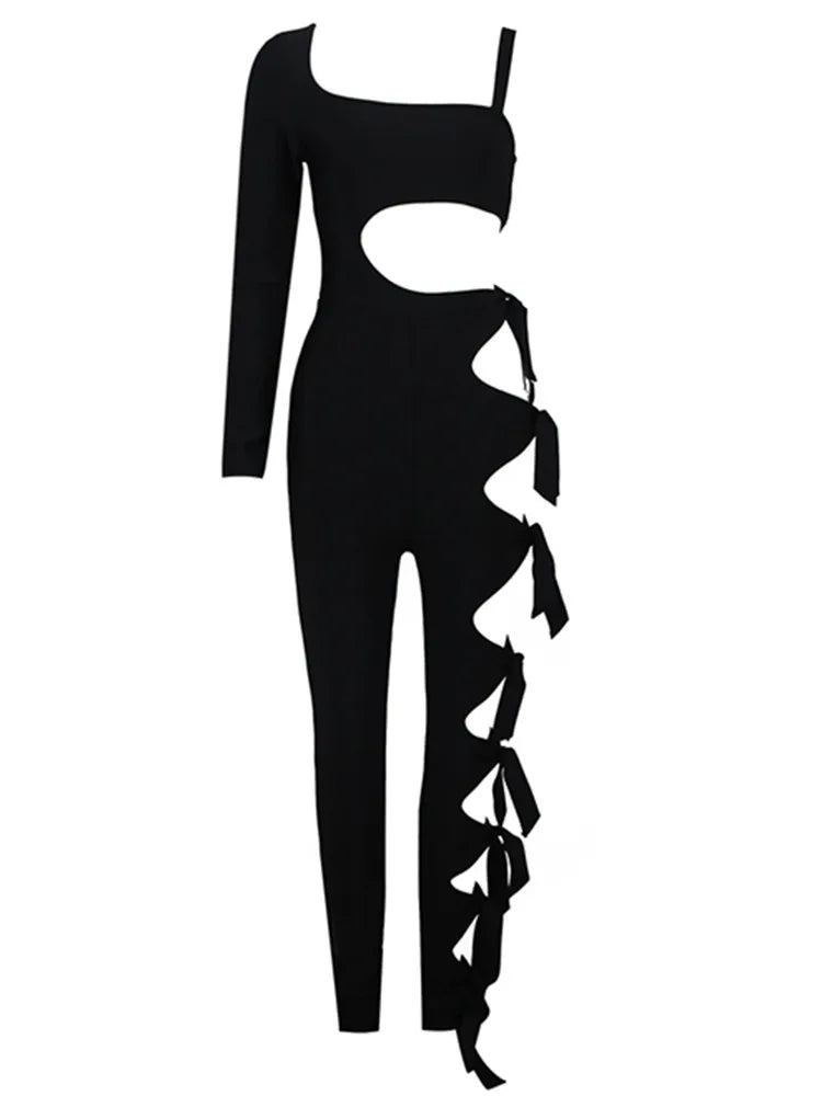 New Arrival Summer Style Long Sleeve Cut Out Black Bodycon Bandage Jumpsuit