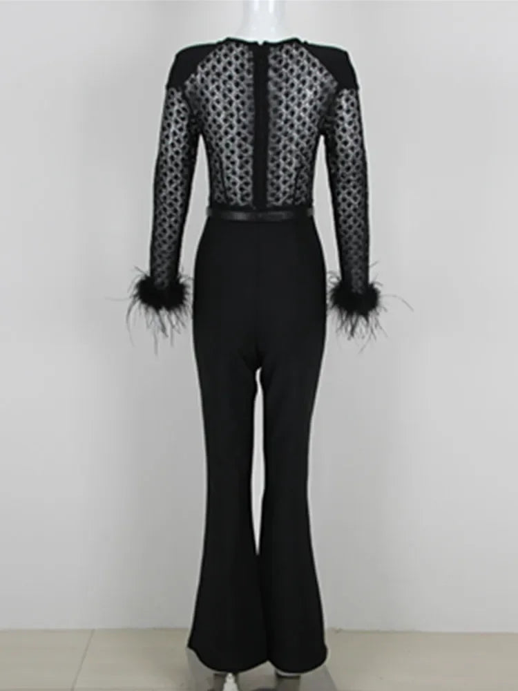 Black Jumpsuit High Quality Long Sleeve Furry Lace Embroidery Top and Bandage Pants Elegant Formal Occassion Rompers