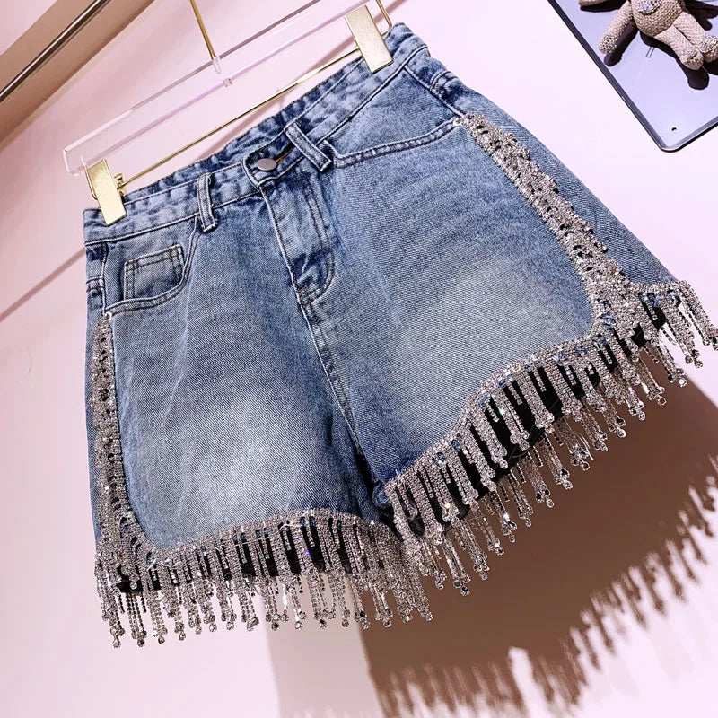 Rhinestone Fringed High Waist Denim Shorts Flash Wimen's High-end Diamond Tassel Short Jeans Hot Pants 2025