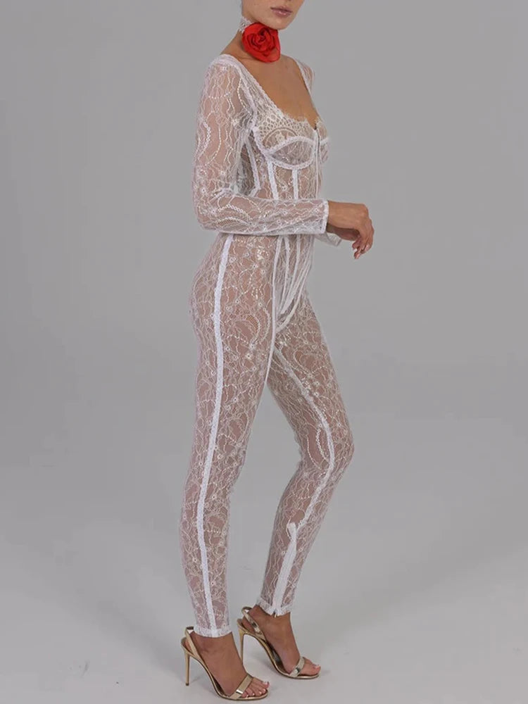 Fantoye Sexy See Through Lace Floral Women Jumpsuit White Long Sleeve Hollow Out Jumpsuit Autumn Bodycon Elegant Party Clubwear