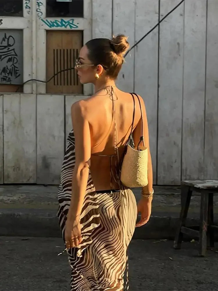 Elegant Lace Up Backless Top Long Skirt Set