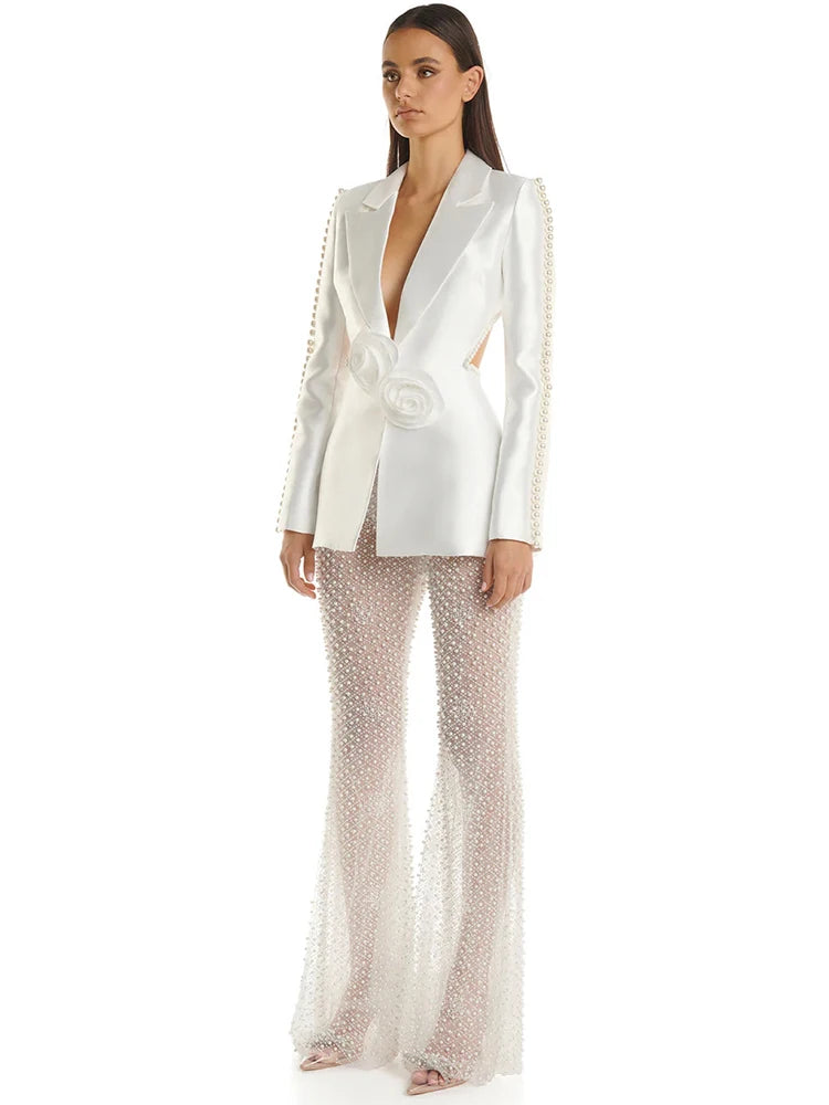 HIGH STREET Newest Designer Runway Fashion Women's Hollow Out Flowers Appliques Pearls