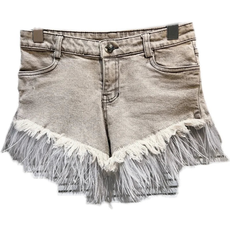 High Waist Feathers Tassel Grey Slim Denim Shorts