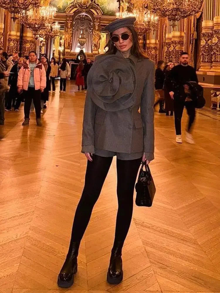 Solid Three-dimensional Flower Lapel Short Coat For Women Chic Casual Long Sleeve Single Breasted Coats Lady Street Overcoat