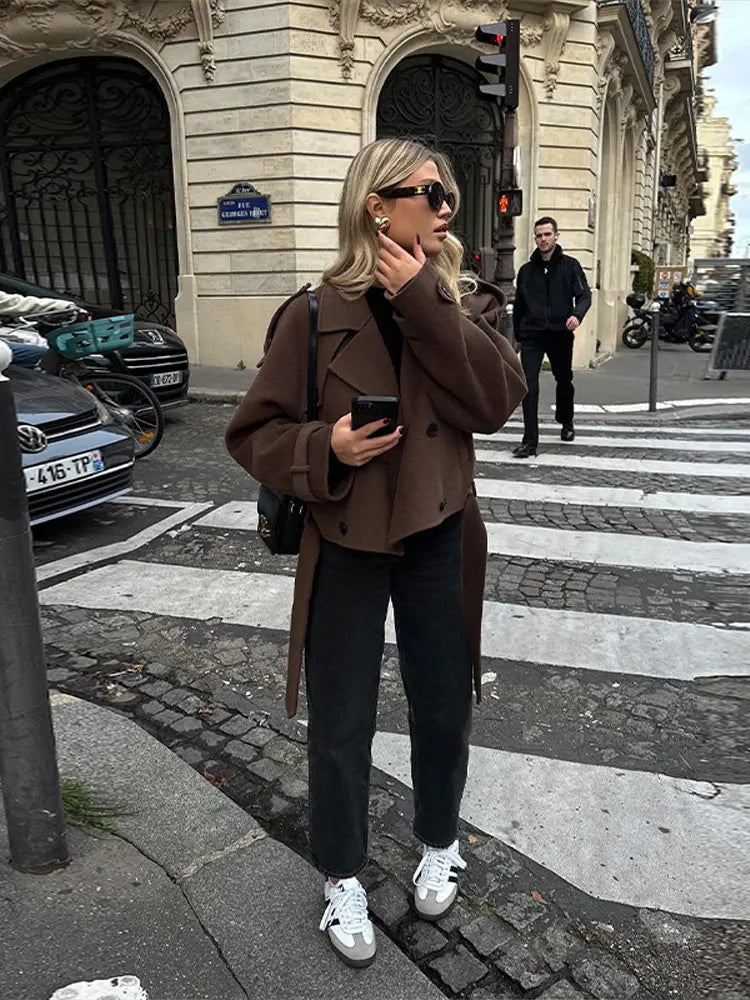 Coffee Vintage Lapel Belt Autumn Winter Coats