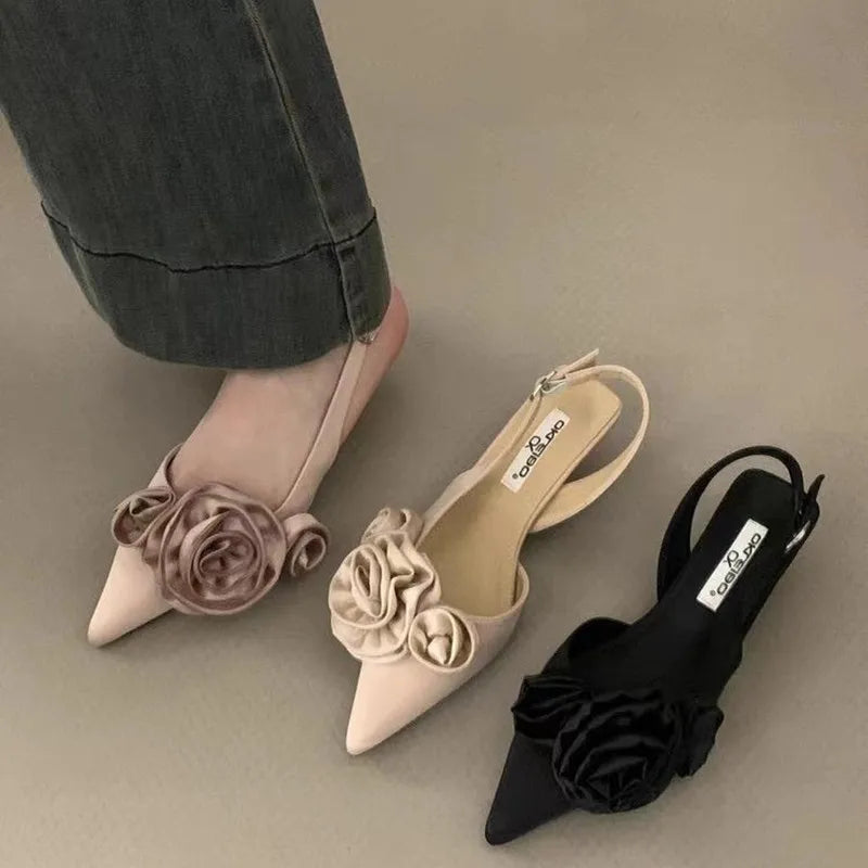 New 3D Flower Women Sandal Fashion Flower Ladies Elegant Dress Slingback Shoes Thin Low Heel Dress Mules Pumps