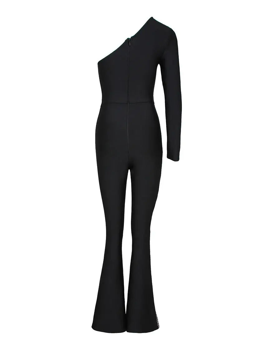 Designer One Shoulder Diamonds Crystal Black Bandage Jumpsuit Bodycon High Street Celebrity Boot Cut Jumpsuit Rompers