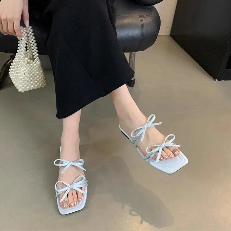 Fashion Bow-knot Shoes Square Toe Slip On Slides Shoes Flat Heel Sandals