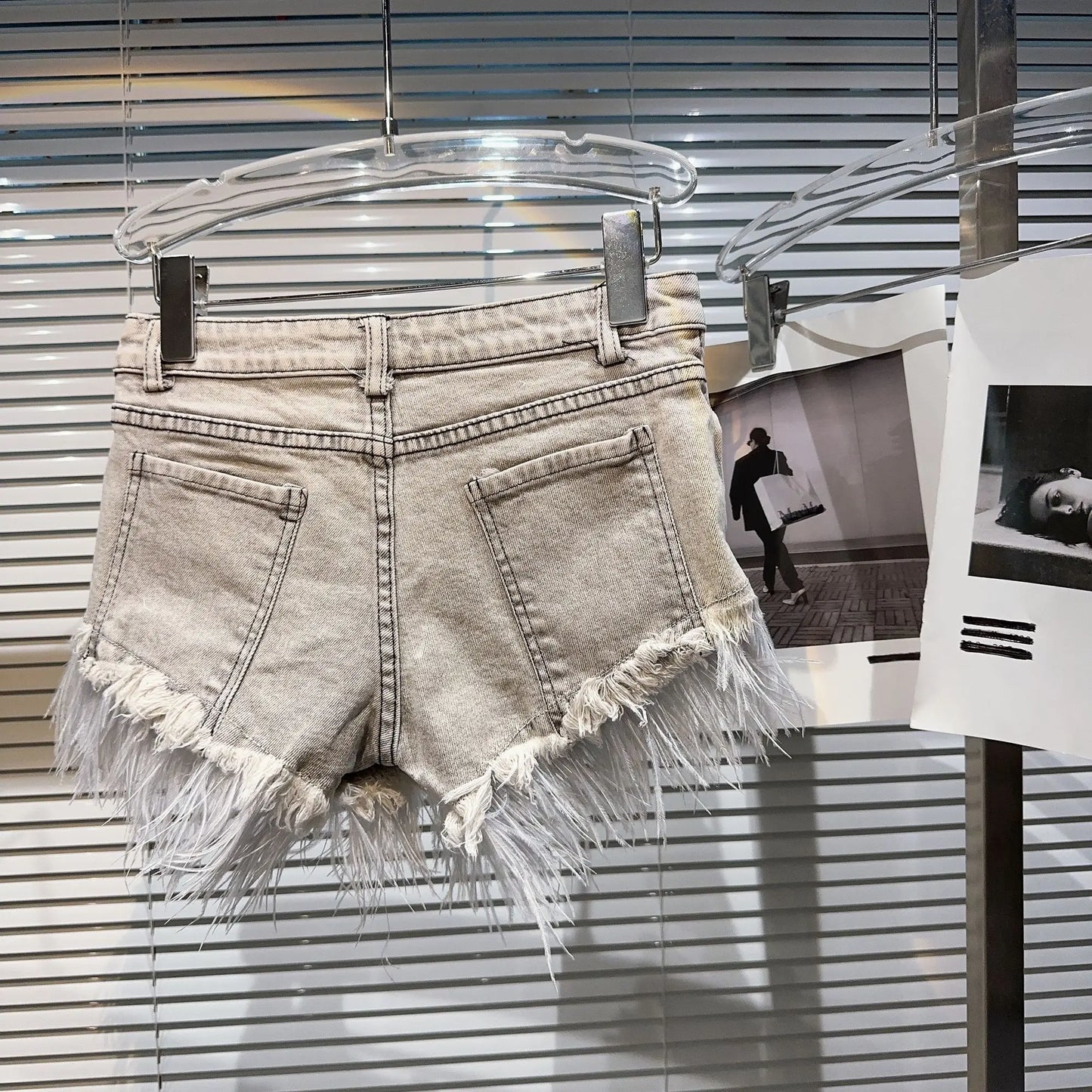 High Waist Feathers Tassel Grey Slim Denim Shorts