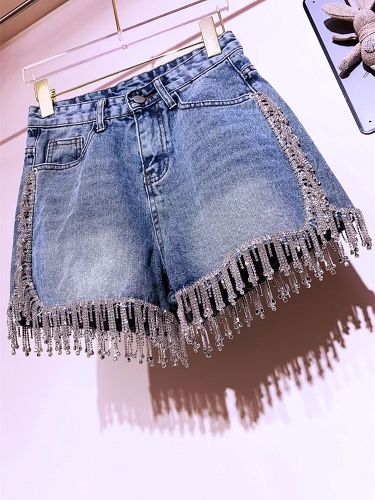 Rhinestone Fringed High Waist Denim Shorts Flash Wimen's High-end Diamond Tassel Short Jeans Hot Pants 2025