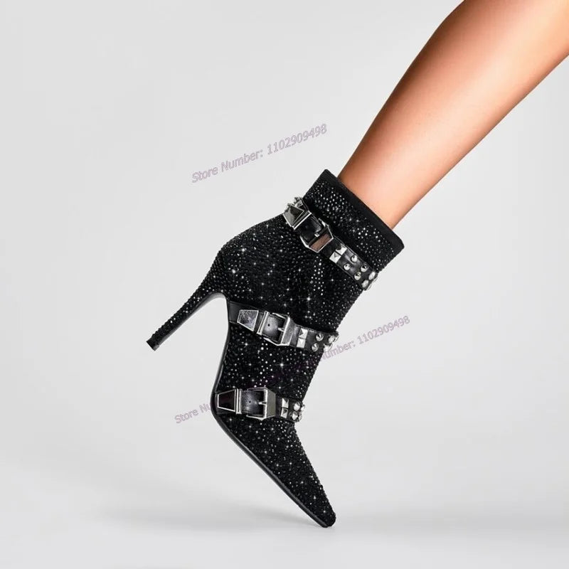 Black Crystal Decor Ankle Boots Strappy Decor Pointed Toe Shoes Thin High Heels