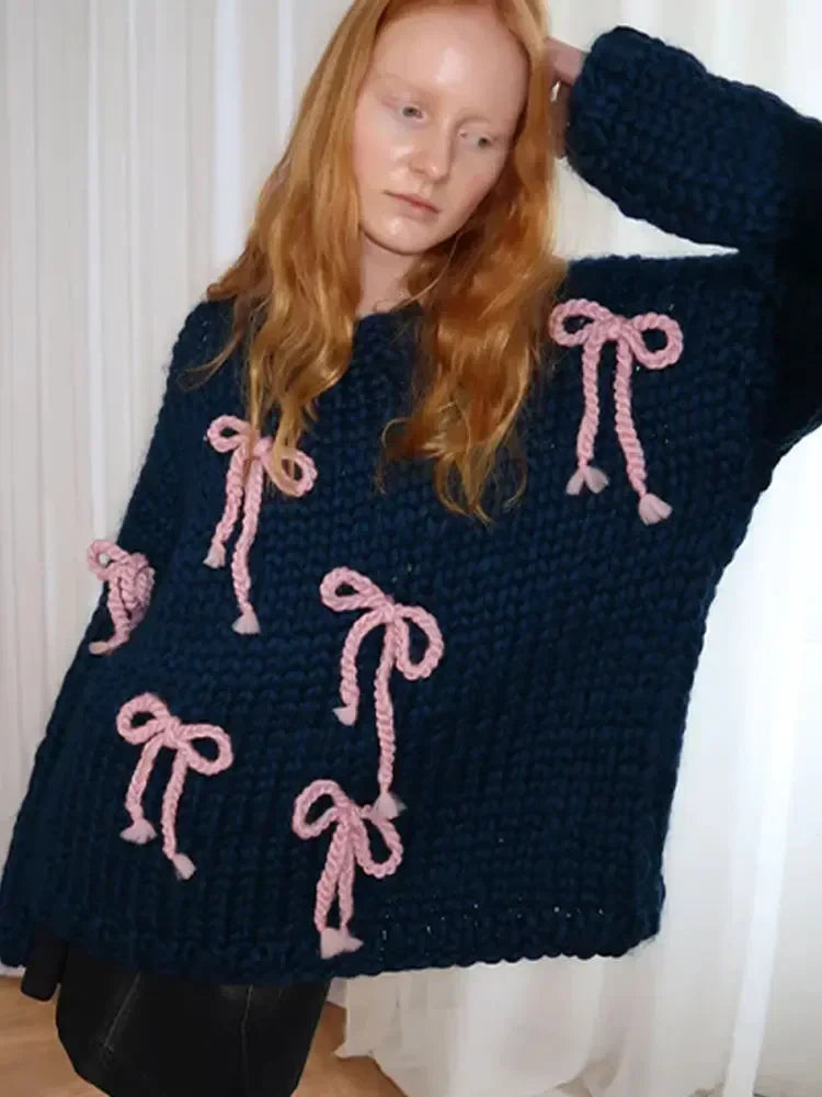 Contrast Bow Lace-up Knitted Pullover Long Sleeve Loose Sweater
