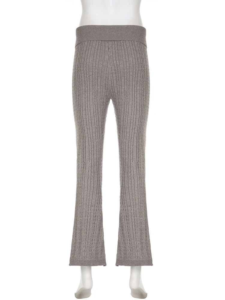 Casual Basic Knitted Flares Pants Autumn Winter Slim Solid Turn-Down Waist Low-Waisted Pants Women Fashion Streetwear