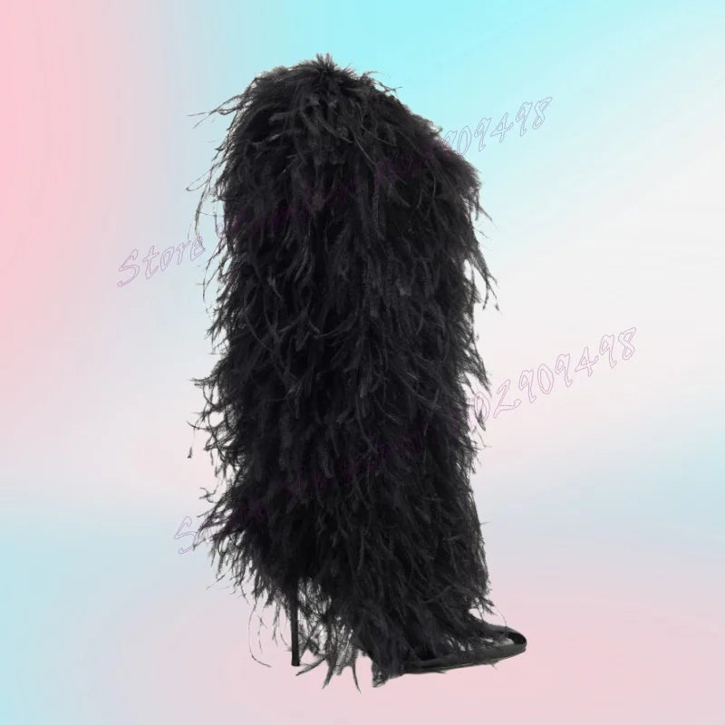 Pink Feather Decor Knee High Boots Pointed Toe Stilettos High Heels