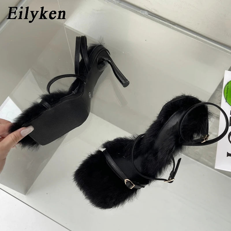 New Plush Fur Fuzzy Sandals Women Thin Heels Fashion Square Toe Ankle Lace Up Buckle Strap Slides Shoes