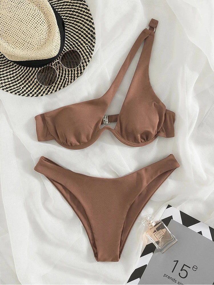 One Shoulder Biquini High Cut Bathing Suits Push Up Beach Bikini Set