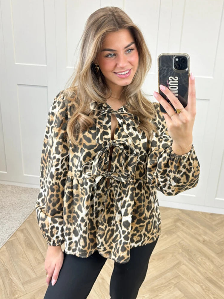 Fashion Leopard Printed Lace Up Shirts