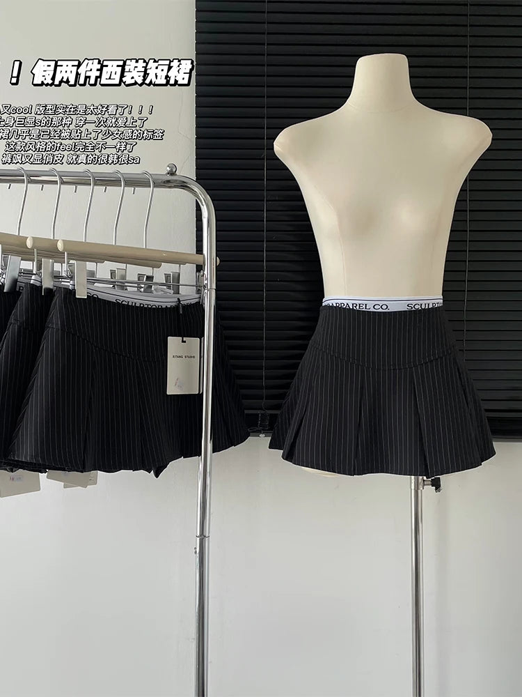 Vintage Striped Mini A-line High Waist Y2K Pleated Skirts