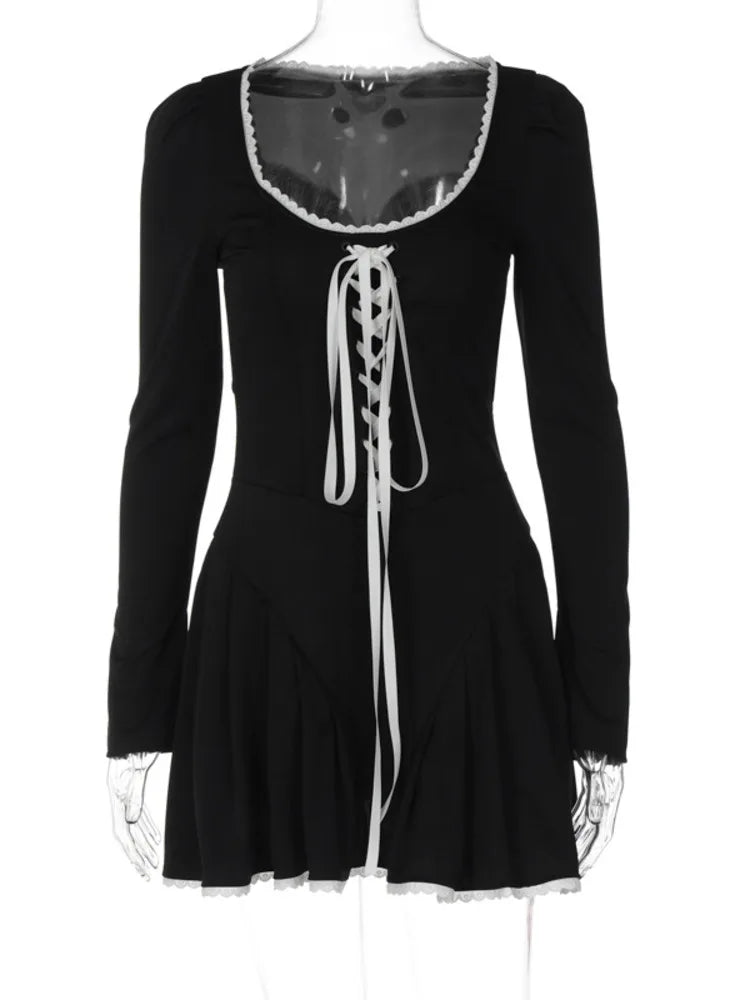 Lace Bandage Puff Sleeve Mini Dress Square Collar Ruched Dress Vintage Elegant