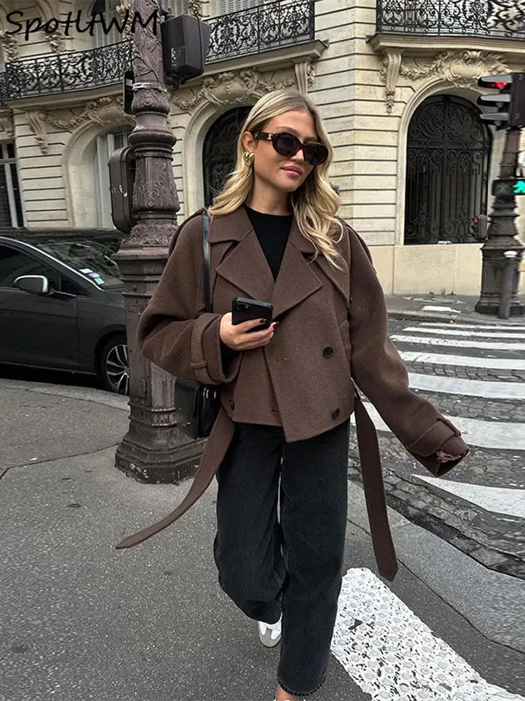 Coffee Vintage Lapel Belt Autumn Winter Coats