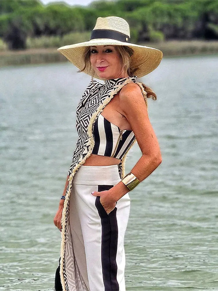 Asymmetrical Printed Pants Suit Elegant Single Shoulder Full Sleeved Long Top Set l