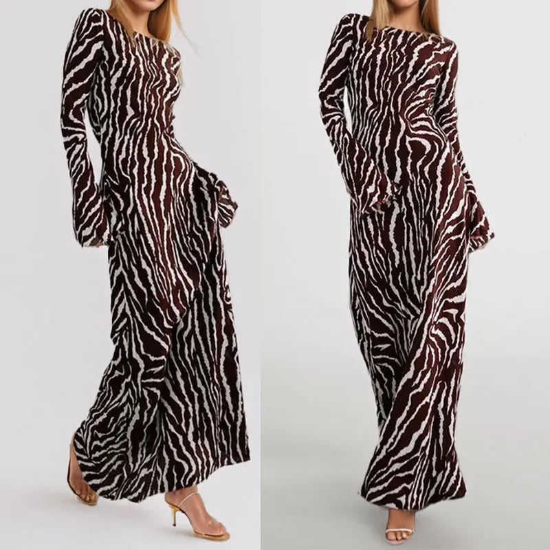 Elegant Women Brown Zebra Stripes Maxi Dress Chic Slim Boho Ankle-length Dress Female Spring Summer Long Sleeve Party Dress
