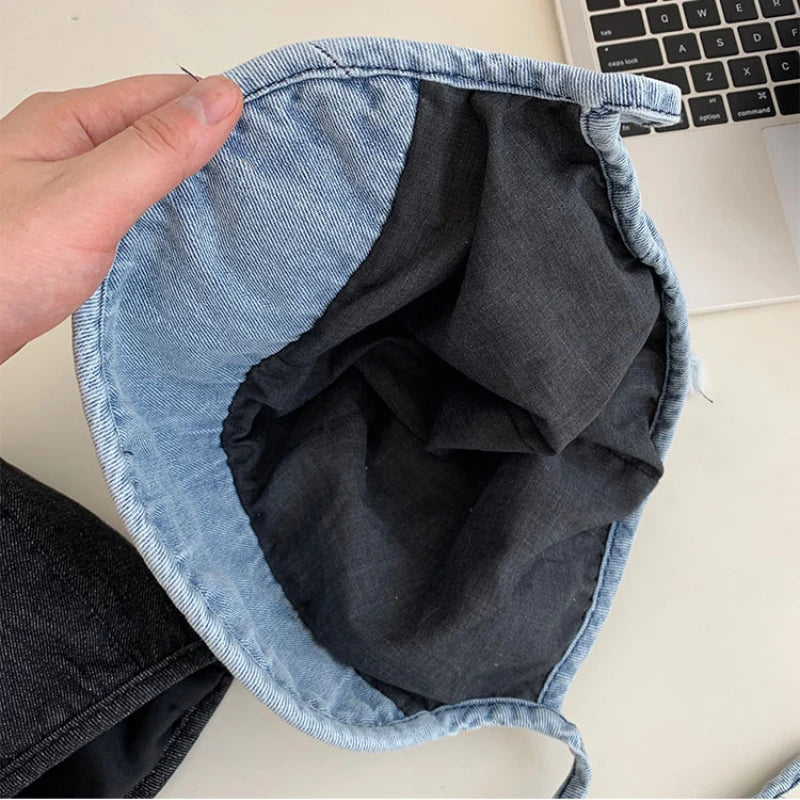 Japanese and Korean Retro Denim Bucket Hat Women's Fashion Tie Four Seasons Washed Denim Basin Hat Short Brimmed Sun Hat