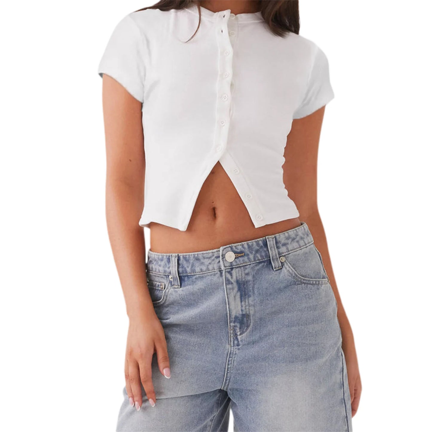 Sumemr Short Sleeve T Shirts for Women Ribbed Casual Slim Fits Tops Tee Fashion Y2K Clothes T-shirt Solid Button Up Tees Tops