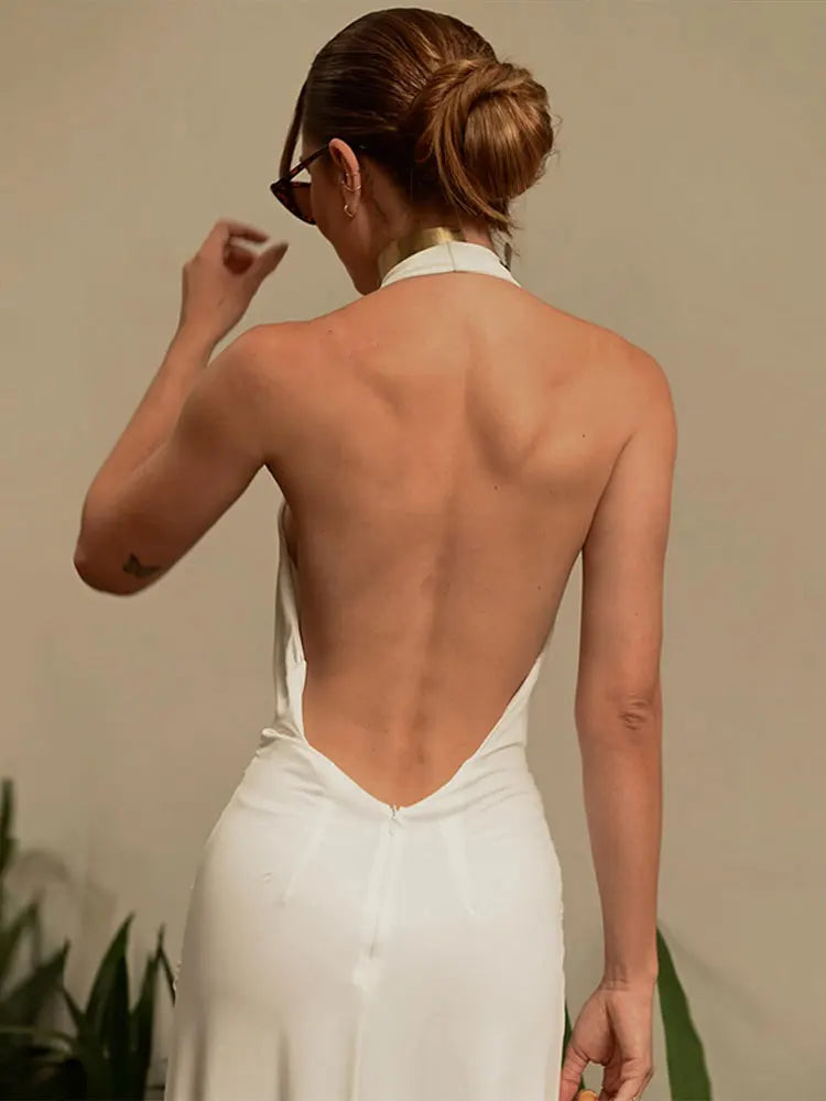 Backless Halter Solid Maxi Dress