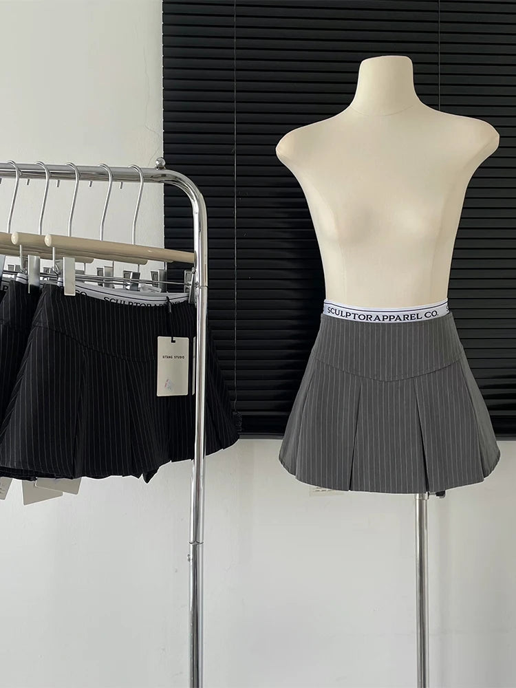 Vintage Striped Mini A-line High Waist Y2K Pleated Skirts