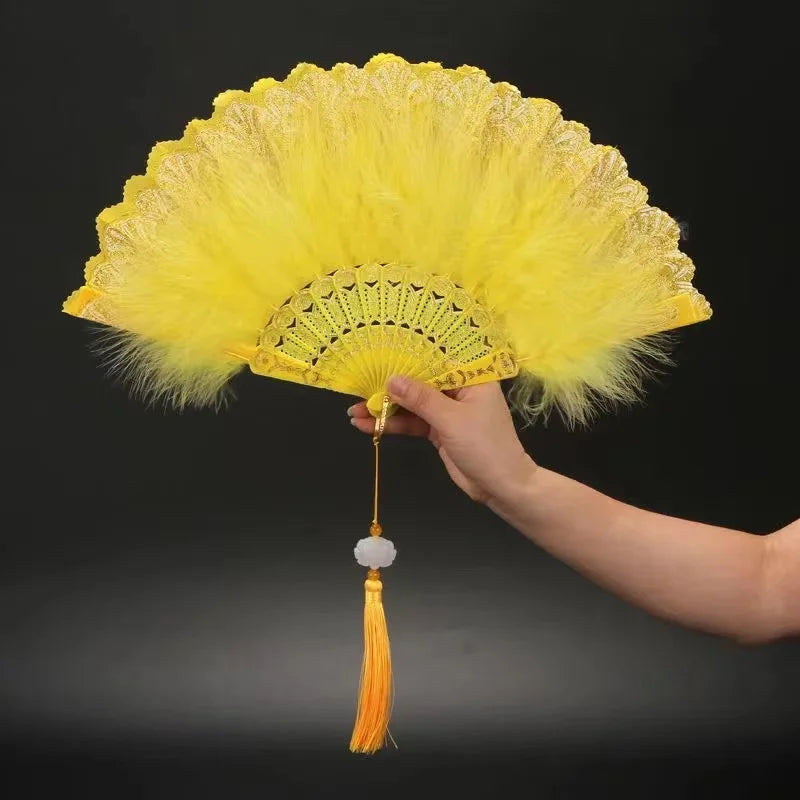 Feather Folding Fan Japanese Sweet Fairy Girl Dark Gothic Court Dance Hand Fan with Pendant Gift Wedding Party Decoration