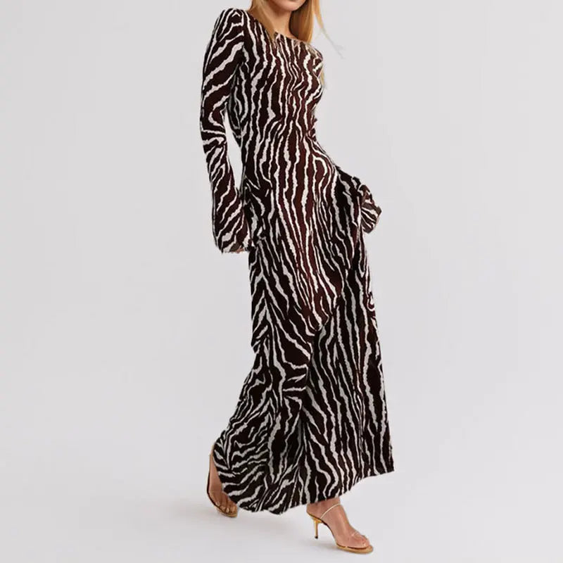 Elegant Women Brown Zebra Stripes Maxi Dress Chic Slim Boho Ankle-length Dress Female Spring Summer Long Sleeve Party Dress