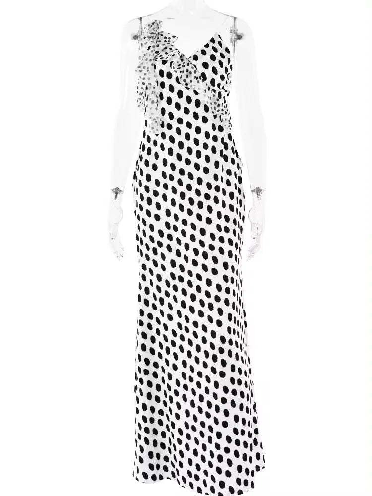 Backless Print Dots Flower Women Maxi Dress Spaghetti Strap Evening Dress
