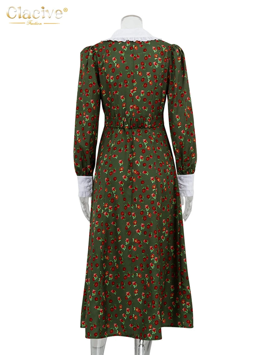 Elegant Doll Collar Long Sleeve Midi Dress Casual Single Breasting