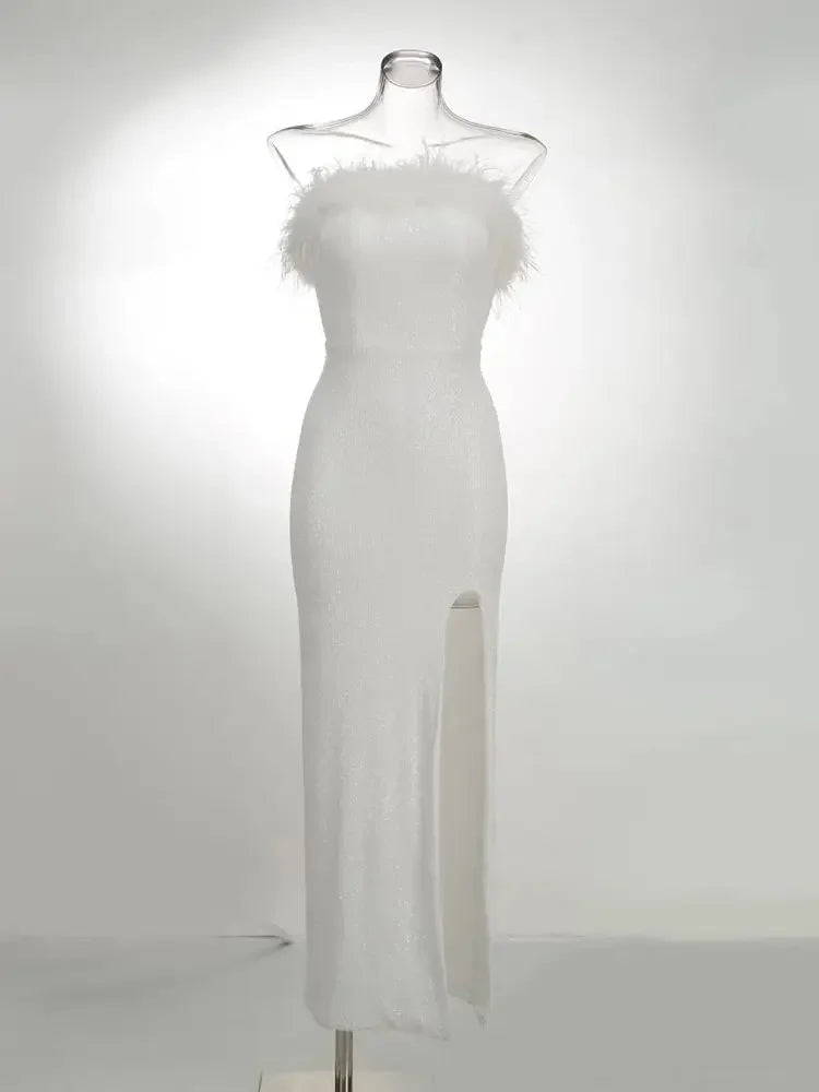 High Quality White Rose Red Strapless Feather Sequins Long High Split Dress Elegant Celebrity Party Bridal Wedding Dress