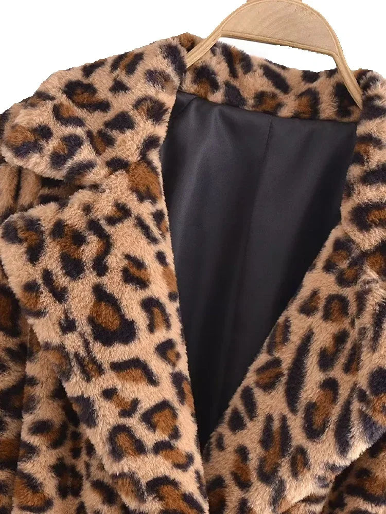 Leopard Printe Furry Fur Long Overcoat Thick Warm Coats 2024 Outwear