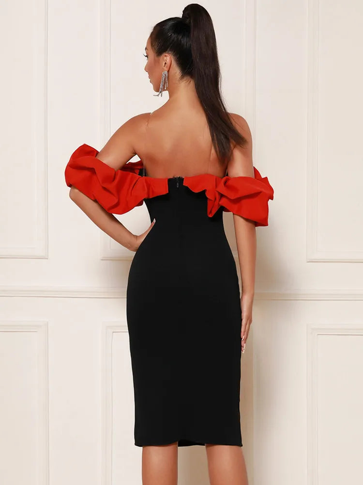 Off Shoulder Ruffles Patchwork Red Black Bodycon Midi Bandage Dress
