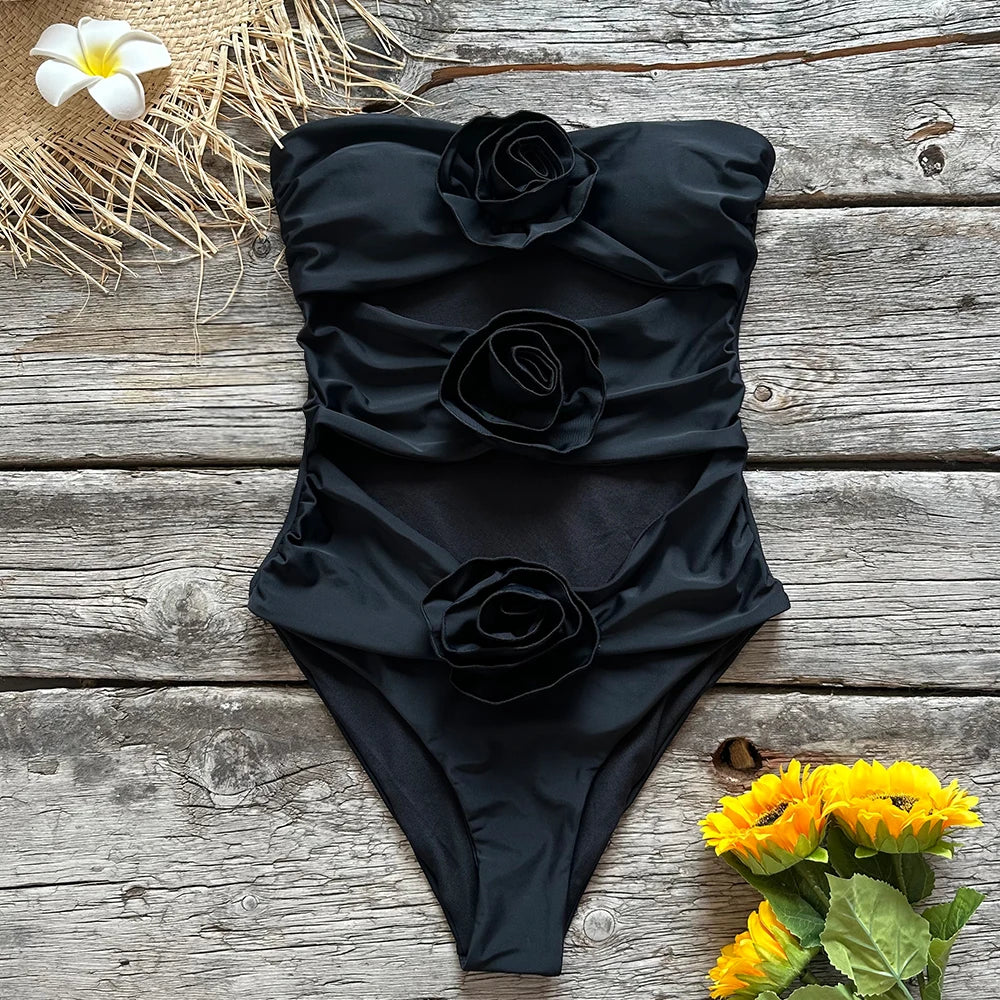 One Piece Women Floral Lace Up Push-Up Padded Bra Black Swimsuit Swimwear Bathing Suit Beachwear Monokini Female