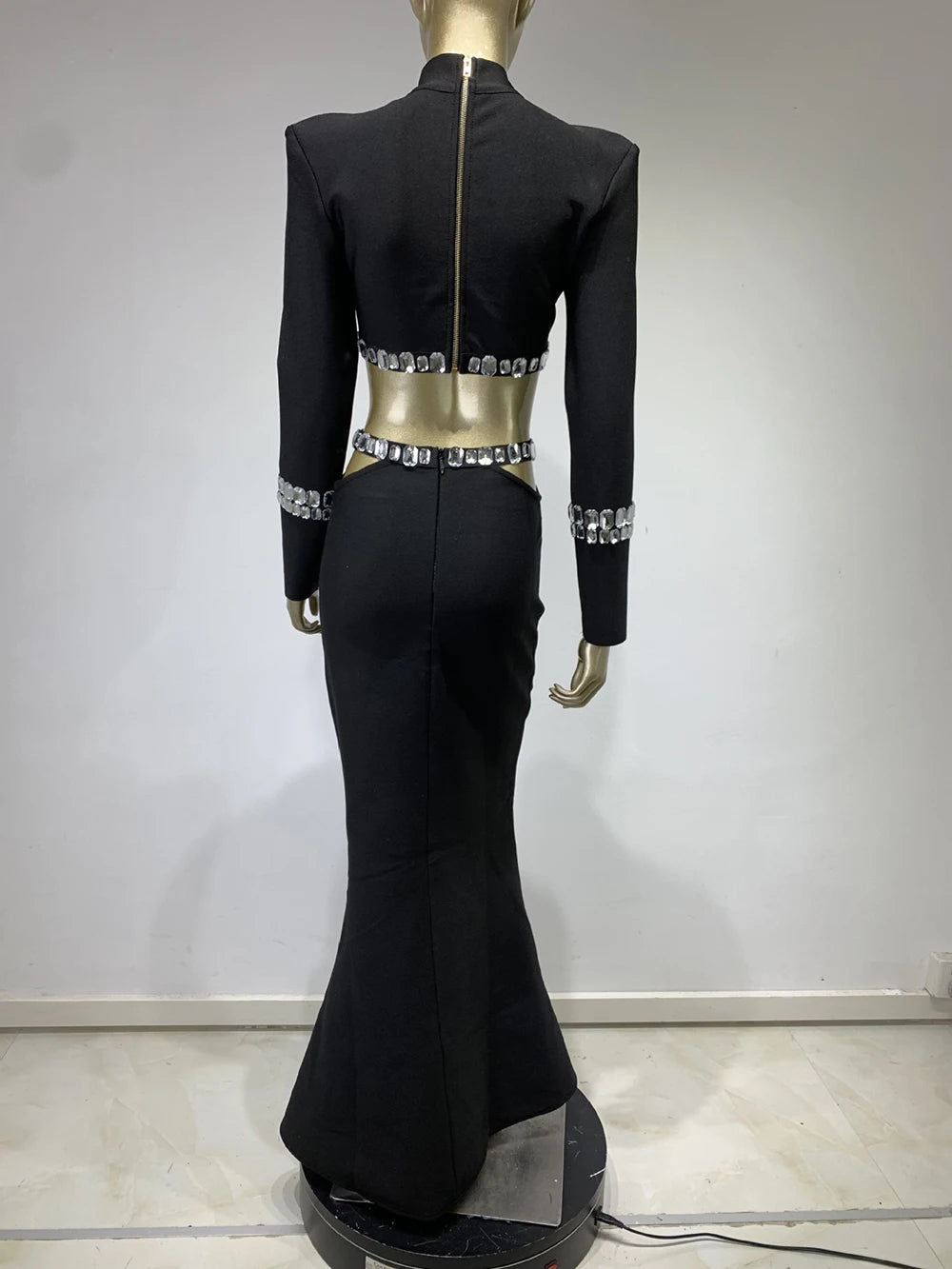 Black Crystal Sparkly Bandage Set Two piece Top & Long Skirt
